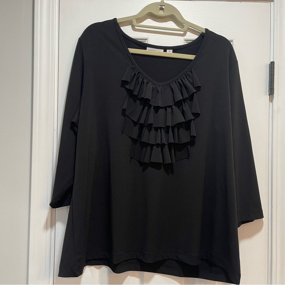 Susan Graver Black Ruffled 3/4 Sleeve Blouse